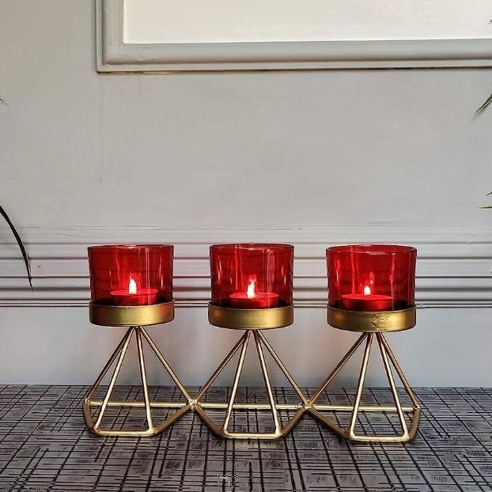 Red & Gold Votive Set, Glass & Metal Tea Light Candle Holder for Home Decor